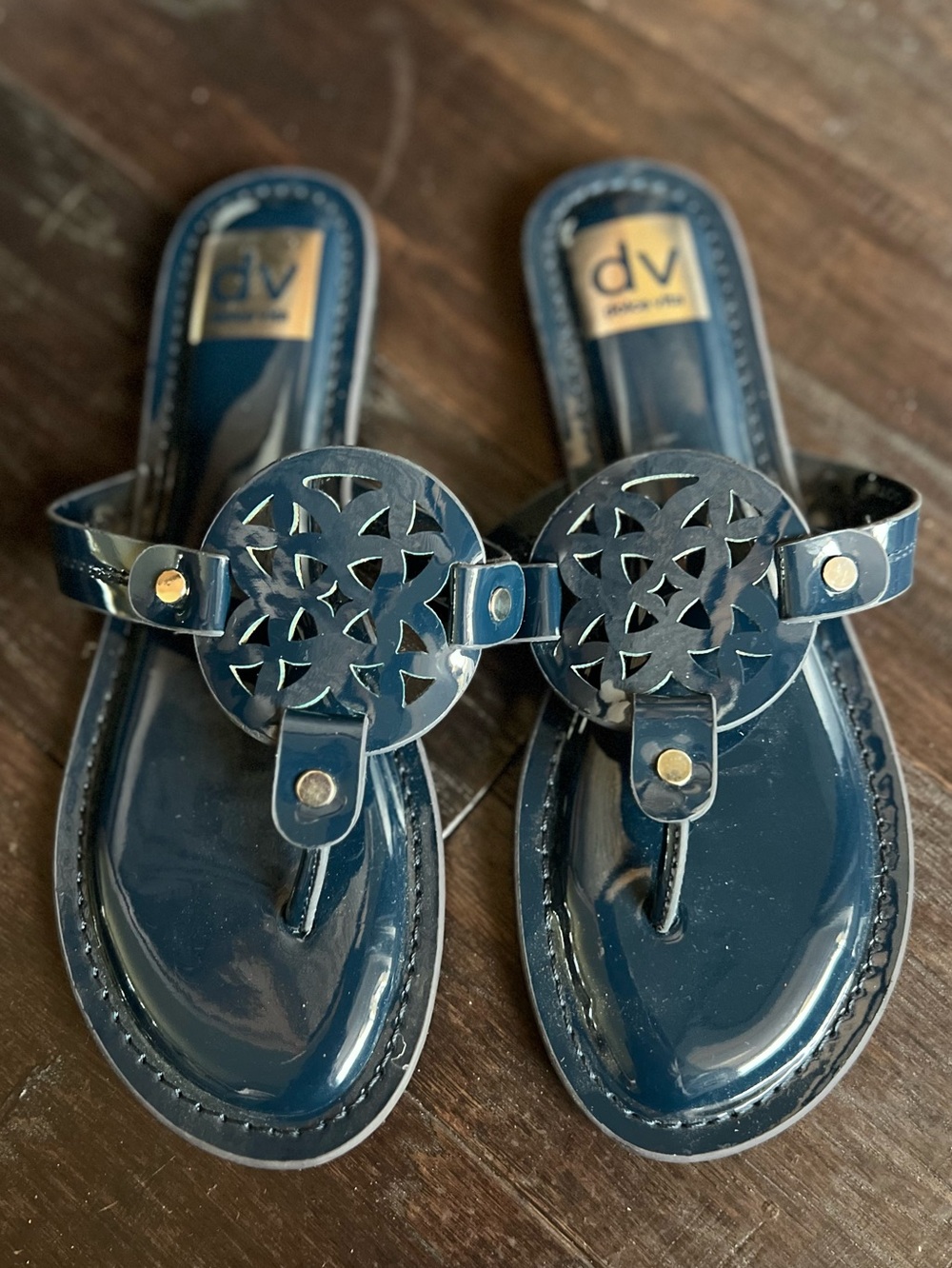 DV Dolce Vita Gotie Navy Blue Patent Laser Cut Sandals Size 6
